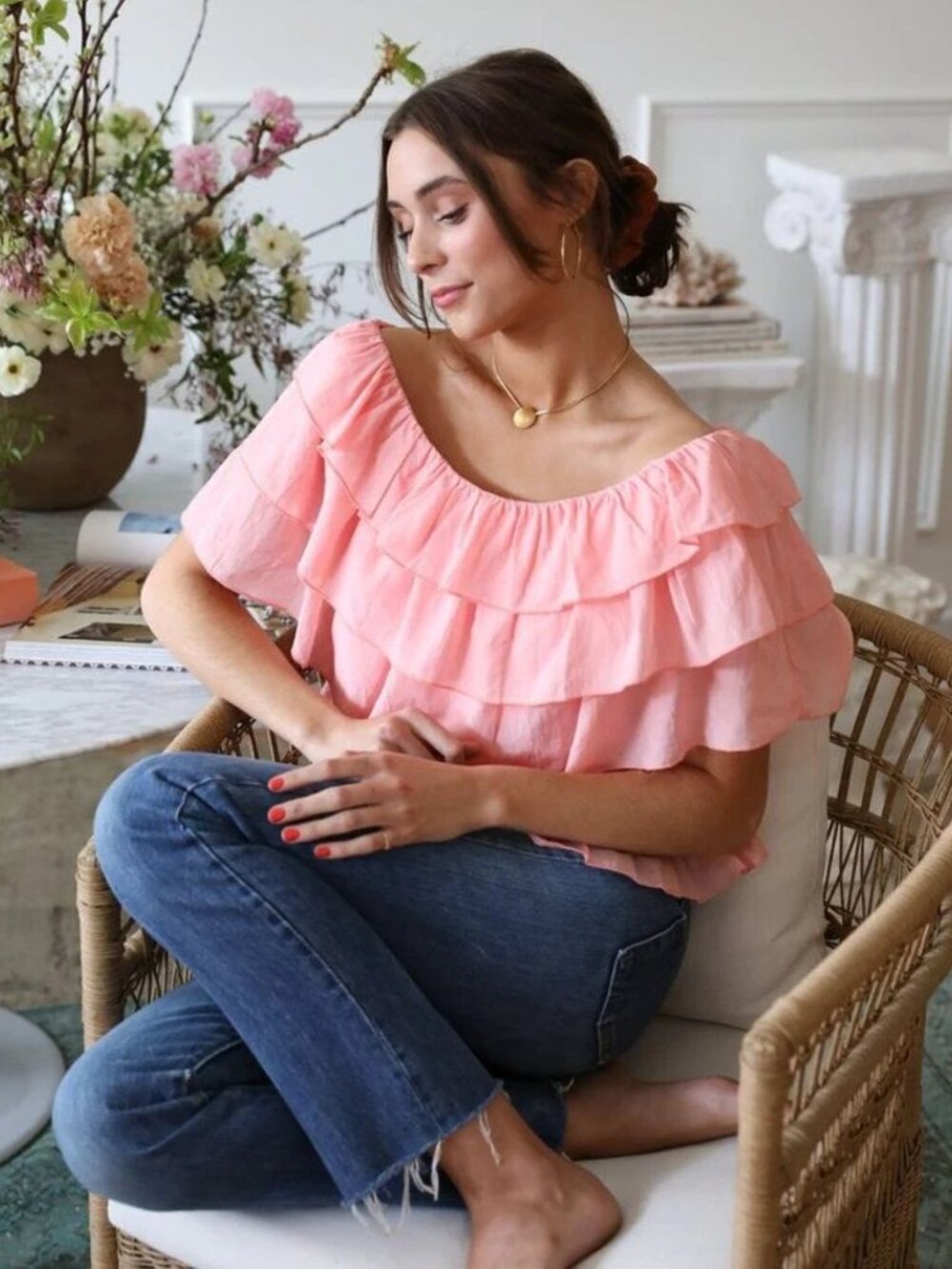 Mille Resort & Travel Fleur Top Small Candlelight Peach Pink Tiered Ruffles